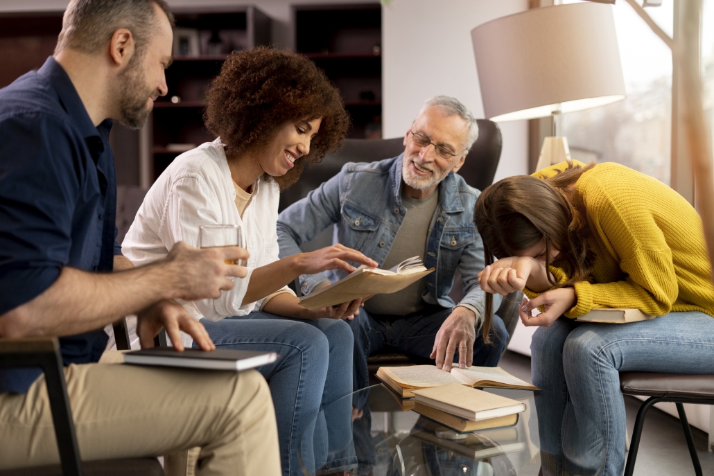 side-view-smiley-people-book-club